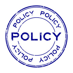 Grunge blue policy word round rubber seal stamp on white background