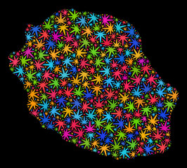 Bright vector cannabis Reunion Island map collage on a black background. Concept with psychedelic herbal leaves for cannabis legalize campaign.