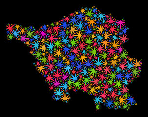 Bright vector marijuana Saarland Land map mosaic on a black background. Template with bright herbal leaves for marijuana legalize campaign. Vector Saarland Land map is formed of herbal leaves.