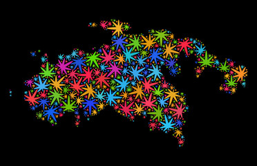 Bright vector marijuana Saint John Island map collage on a black background. Template with colored weed leaves for marijuana legalize campaign.