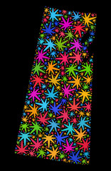 Bright vector marijuana Saskatchewan Province map collage on a black background. Template with psychedelic herbal leaves for weed legalize campaign.