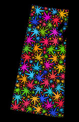 Bright vector marijuana Saskatchewan Province map collage on a black background. Template with psychedelic herbal leaves for weed legalize campaign.