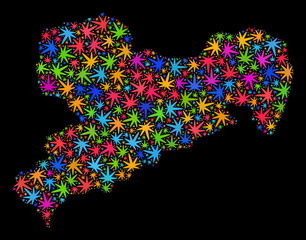 Bright vector cannabis Saxony Land map mosaic on a black background. Concept with bright herbal leaves for weed legalize campaign. Vector Saxony Land map is composed of cannabis leaves.