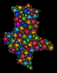 Bright vector cannabis Saxony-Anhalt Land map collage on a black background. Template with colorful weed leaves for cannabis legalize campaign.