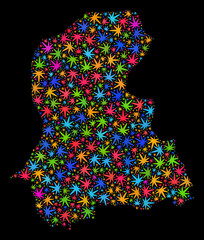 Bright vector cannabis Sindh Province map collage on a black background. Template with bright weed leaves for cannabis legalize campaign.