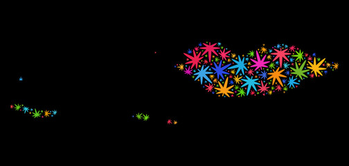 Bright vector cannabis Socotra Archipelago map mosaic on a black background. Concept with colored herbal leaves for cannabis legalize campaign.
