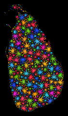 Bright vector cannabis Sri Lanka map mosaic on a black background. Template with psychedelic herbal leaves for cannabis legalize campaign. Vector Sri Lanka map is formed with herbal leaves.