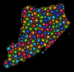 Bright vector cannabis Staten Island map collage on a black background. Template with bright herbal leaves for marijuana legalize campaign. Vector Staten Island map is composed with herbal leaves.