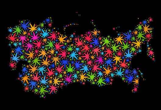 Bright vector cannabis Soviet Union map collage on a black background. Concept with colorful weed leaves for weed legalize campaign. Vector Soviet Union map is constructed of weed leaves.