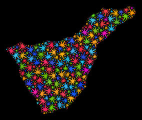 Bright vector cannabis Tenerife map mosaic on a black background. Concept with multi-colored weed leaves for weed legalize campaign. Vector Tenerife map is composed of cannabis leaves.