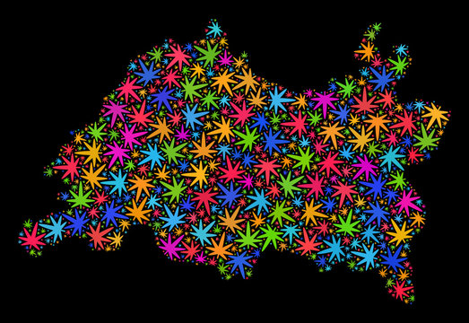 Bright vector marijuana Tatarstan map collage on a black background. Template with bright weed leaves for cannabis legalize campaign. Vector Tatarstan map is constructed from marijuana leaves.