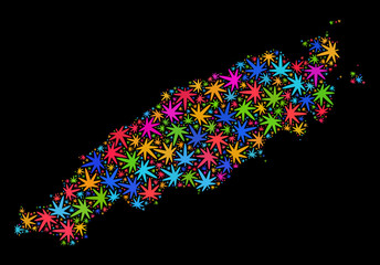 Bright vector cannabis Tobago Island map mosaic on a black background. Concept with bright herbal leaves for weed legalize campaign. Vector Tobago Island map is composed with marijuana leaves.