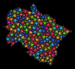 Bright vector marijuana Uttarakhand State map mosaic on a black background. Template with multi-colored herbal leaves for cannabis legalize campaign.