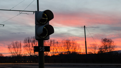 sunset with traffic light