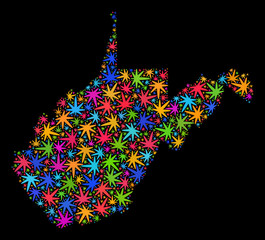 Bright vector marijuana West Virginia State map collage on a black background. Concept with colored weed leaves for marijuana legalize campaign.