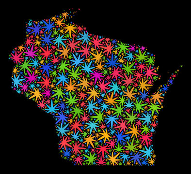 Bright vector marijuana Wisconsin State map mosaic on a black background. Concept with colorful herbal leaves for cannabis legalize campaign.