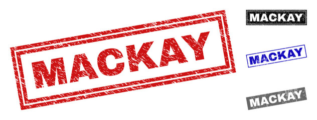 Grunge MACKAY rectangle stamp seals isolated on a white background. Rectangular seals with distress texture in red, blue, black and grey colors.
