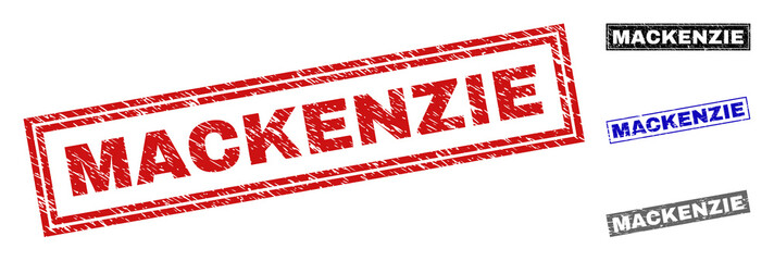 Grunge MACKENZIE rectangle stamp seals isolated on a white background. Rectangular seals with grunge texture in red, blue, black and gray colors.