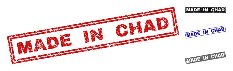 Grunge MADE IN CHAD rectangle stamp seals isolated on a white background. Rectangular seals with grunge texture in red, blue, black and gray colors.