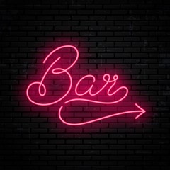 Bar, vector neon inscription for signboard with pointing arrow to the right