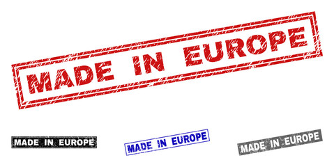 Grunge MADE IN EUROPE rectangle stamp seals isolated on a white background. Rectangular seals with grunge texture in red, blue, black and gray colors.