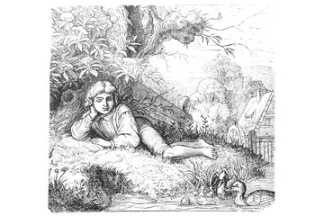 Thoughtful boy - Vintage Engraved Illustration, 1894