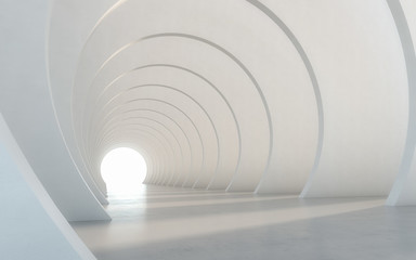 Abstract illuminated empty white corridor interior design. 3D rendering.