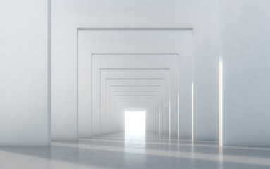 Abstract illuminated empty white corridor interior design. 3D rendering.