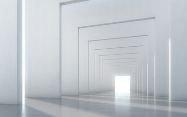 Abstract illuminated empty white corridor interior design. 3D rendering.