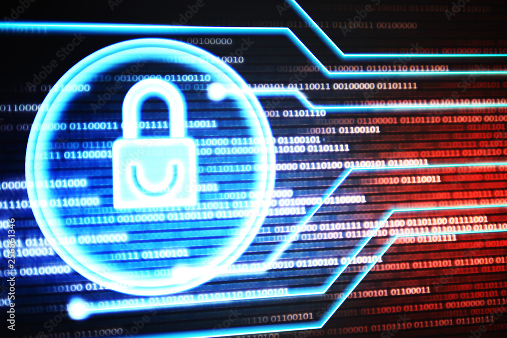Poster padlock icon on computer monitor. light blue padlock symbol on blue and red with white binary text m
