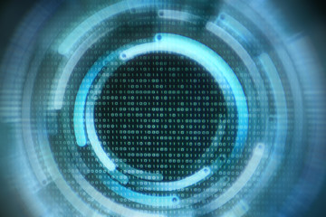 circular line of energy surrounding lines of binary codes. computer technology concepts language matrix style background. digital number one and zero in light blue color.