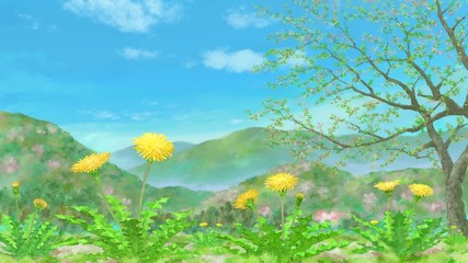 Obraz premium 春の里山の風景 水彩調