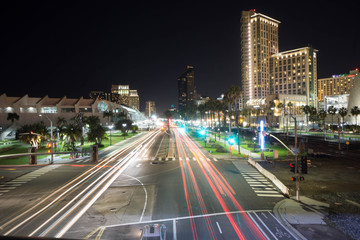 Fototapeta na wymiar long exposure car light trails in downtown san diego at night