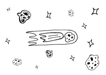 Hand drawn space spaceship rocket  star comet asteroid illustration