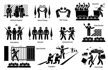 International country treaties, laws, and agreements. Artwork depicts political asylum, peace and tax treaty, sanction, extradition, interpol, allies, close and open border, ceasefire, and free trade.