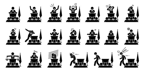 Politician, president, or prime minister actions, feelings, and emotions during his speech. Artwork depicts set of different poses and body languages by a government leader of a country. - obrazy, fototapety, plakaty