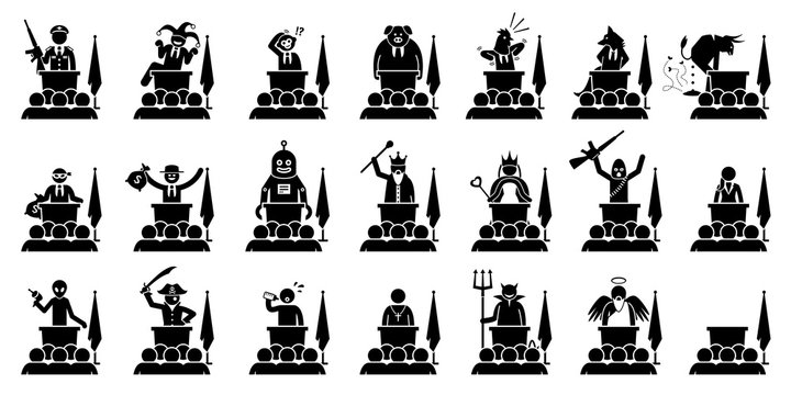 Different type of politician, president, prime minister, or ruler of a country giving speech. Artwork depicts the many kind of faces, characters, and personalities of a politician in the government.