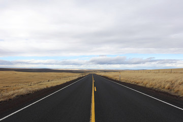 Open road in rural Eastern Oregon with wheat fields