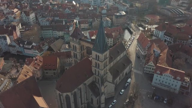 Aerial drone footage of the beautiful medieval german city of Esslingen am Neckar on a bright and sunny day with traditional architecture of Baden Wuerttemberg or Bavaria in Germany