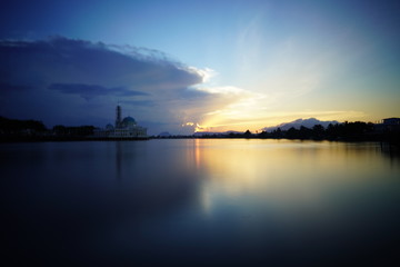 wonderful burning sunset with mosque