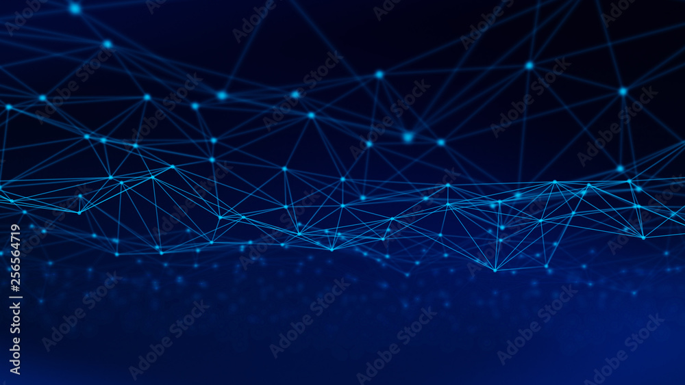 Poster digital data and network connection triangle lines and spheres in futuristic computer technology con