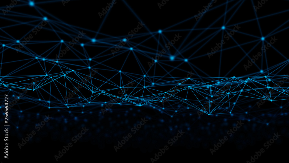 Poster digital data and network connection triangle lines and spheres in futuristic computer technology con