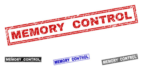 Grunge MEMORY CONTROL rectangle stamp seals isolated on a white background. Rectangular seals with grunge texture in red, blue, black and gray colors.