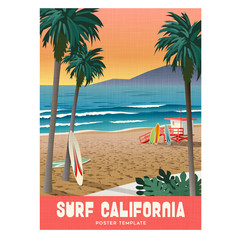 California surfing travel poster with sunset and palm trees. Vector illustration.