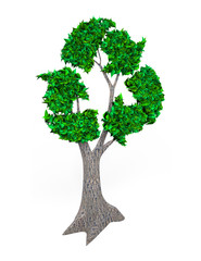 Concept of developing circular economy and environmental protection industry, tree with green leaves in form of recycling symbol, isolated on white, 3D illustration.