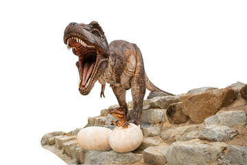 Naklejka premium statue big brown dinosaur and little dinosaur in egg on the rock and white background