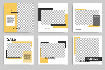 Six Set of Editable minimal modern design banner template. Black and yellow background color with stripe line. Suitable for social media post and web/internet ads. Vector illustration