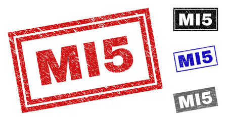 Grunge MI5 rectangle stamp seals isolated on a white background. Rectangular seals with grunge texture in red, blue, black and gray colors.