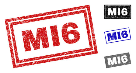 Grunge MI6 rectangle stamp seals isolated on a white background. Rectangular seals with distress texture in red, blue, black and grey colors.