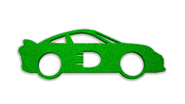 Concept of ECO, green energy and circular economy, green grass in electric car shape with plug-in symbol, isolated on white, 3D illustration.